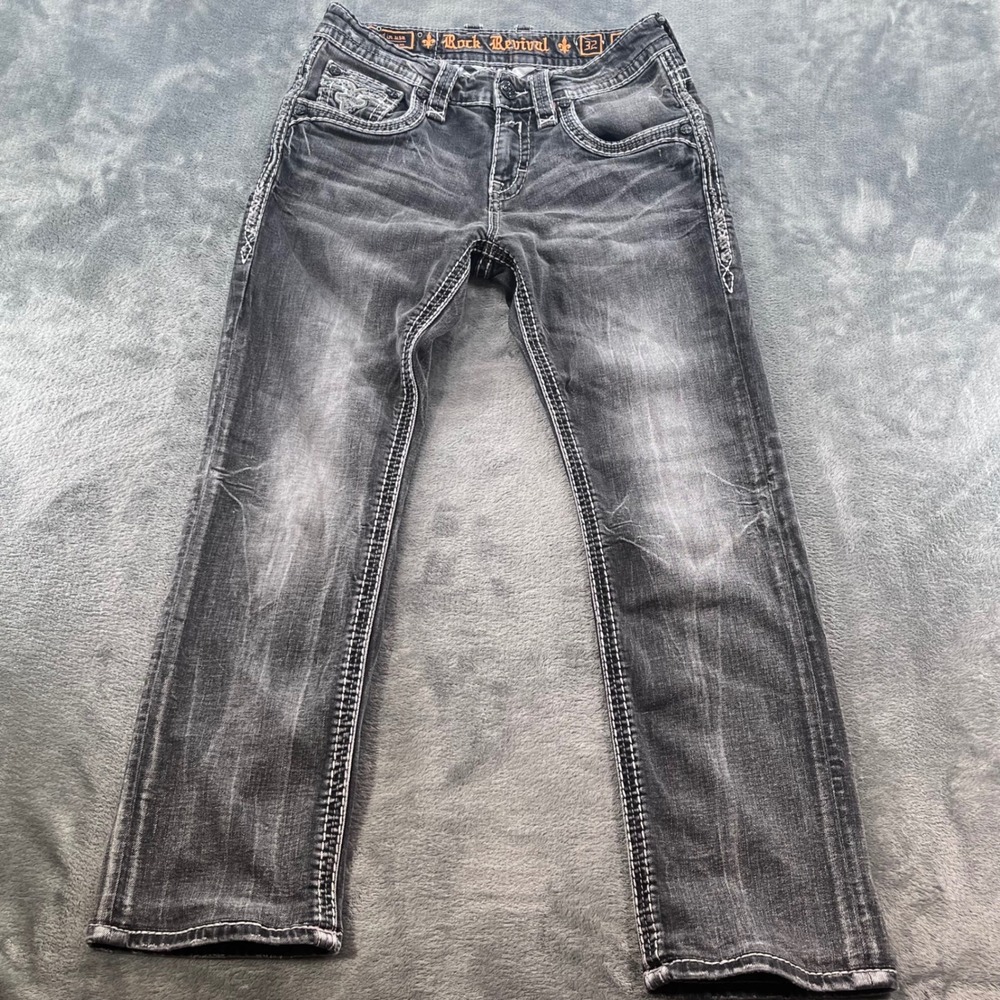 Rock Revival Tomshi Straight Jeans Mens 32 Black Faded Distressed RJ2029J205T